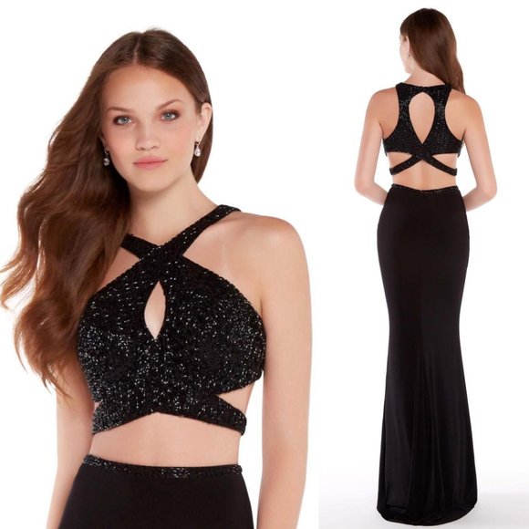 NWT ALYCE PARIS Women's Black Maxi Long Gown 10 12 14 Wedding Sparkle Beads 2 PC - Picture 3 of 14